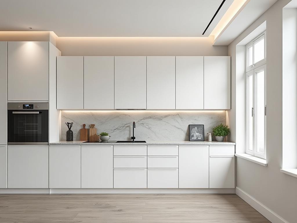 Modern L-shaped modular kitchen with white cabinets