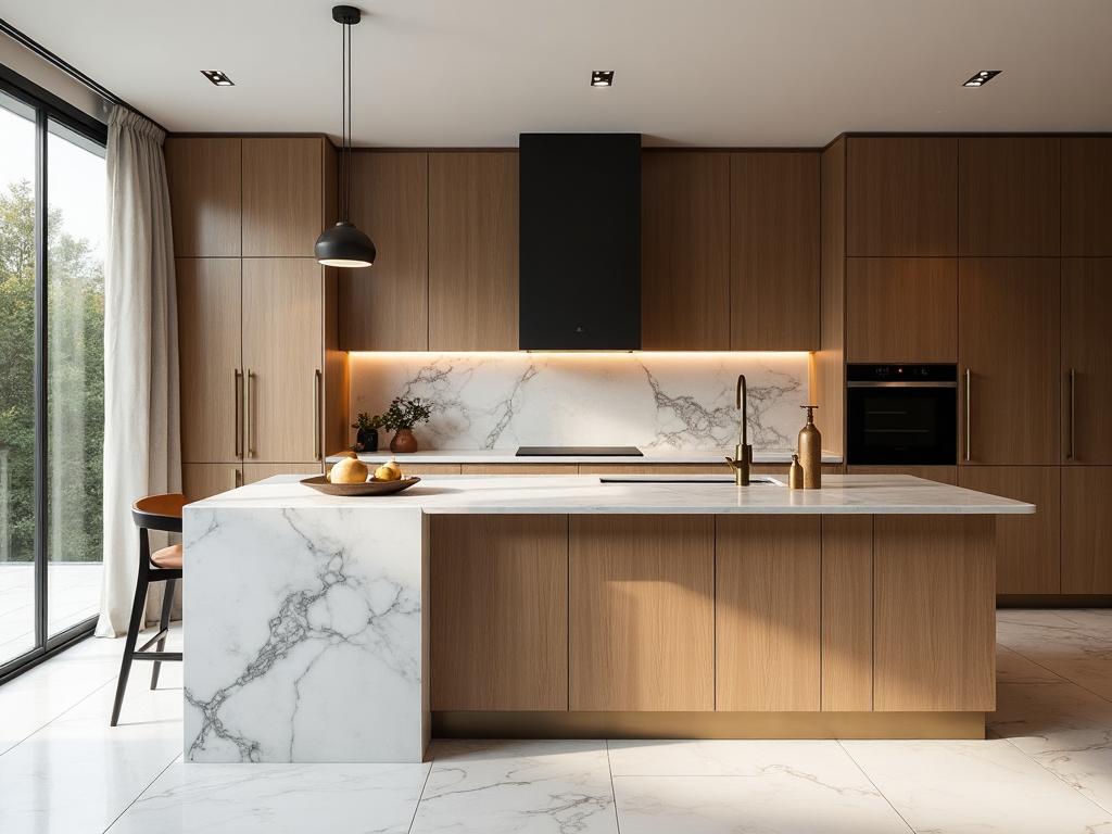 Luxury kitchen with island and marble countertop